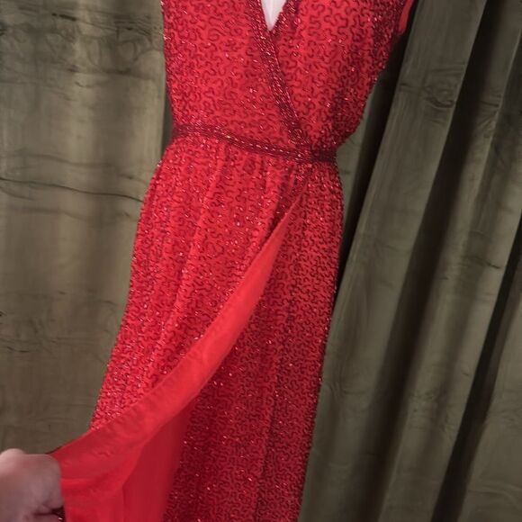 All beaded Elegant Red Wrap Dress, XS-S - Picture 7 of 14